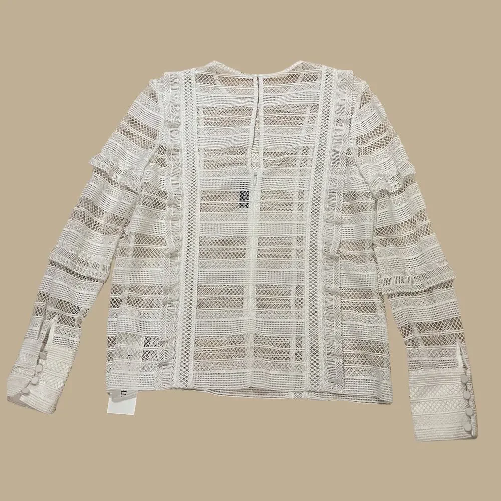 Self-Portrait White Lace Panel Long Sleeve Blouse Designer Top US 6